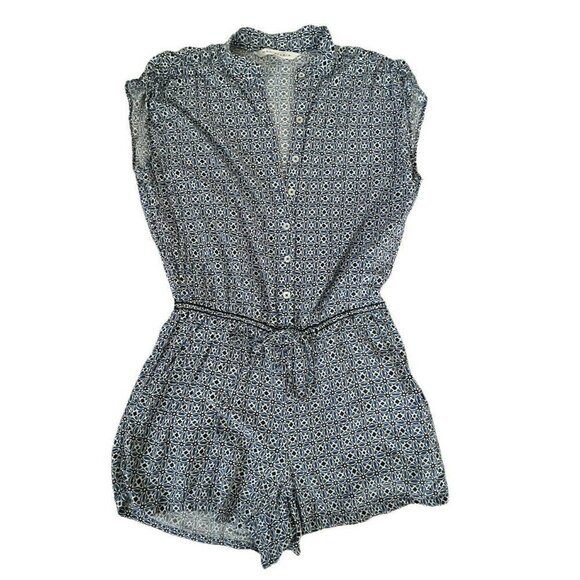 Max Studio Women's Sz S Blue Black White Floral Short Sleeveless Romper - Picture 8 of 8